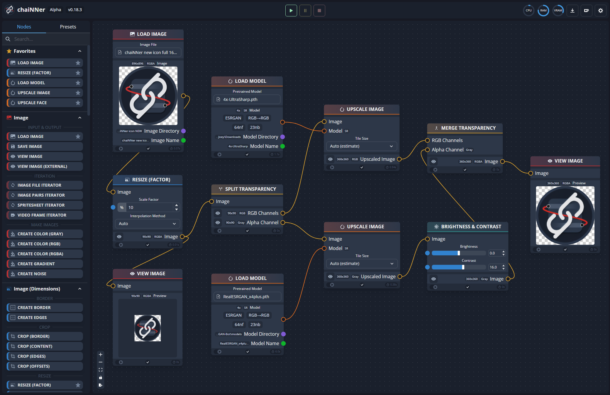 The chaiNNer node editor: a chain of load, upscale, merge, and preview nodes wired together on the canvas